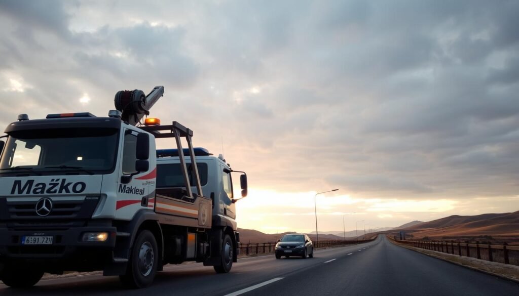 A tow truck in the foreground, its sturdy frame and powerful winch ready to lift and transport stranded vehicles along the S5 highway. The truck's Maćko Team branding stands out in bold letters, signaling the reliable and efficient service it provides. In the middle ground, a disabled car rests on the side of the road, its occupants awaiting rescue. The highway stretches out in the background, with gently rolling hills and a cloudy, late afternoon sky setting a calm, yet resolute tone. The scene is illuminated by warm, soft lighting, capturing the professionalism and care of the Maćko Team's roadside assistance.