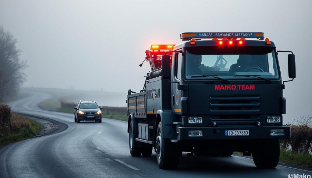 A well-equipped Maćko Team tow truck navigates a winding country road, its flashing amber lights cutting through the misty dawn. The muscular vehicle, adorned with the company's logo, approaches a stranded car on the shoulder, ready to swiftly and efficiently provide roadside assistance. The scene conveys a sense of professionalism and reliability, with the tow truck's powerful presence and the driver's attentive stance suggesting a swift and dependable response to the situation. Soft, natural lighting illuminates the rural setting, creating an atmosphere of reassurance and competence.